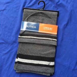 NAUTICA Hat and Scarf Set - Grey and Black Stripes